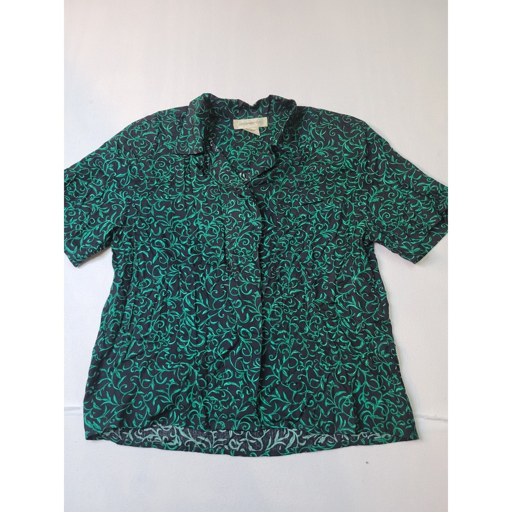 Jones New York Blouse Womens 10 Black Green Leaf Short Sleeve Button Up 2326